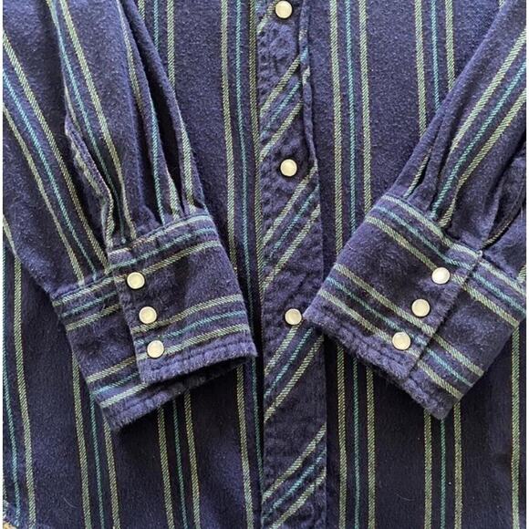 Vintage Wrangler Blue Green Stripe Flannel Button-Up with pearl snaps size XXL - Picture 5 of 6